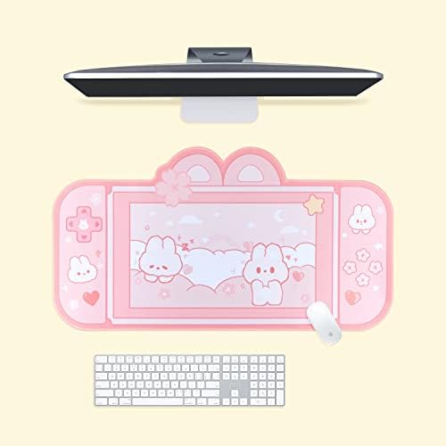BelugaDesign Bunny Desk Pad | NS Switch Gaming Mat Large Mat Mousepad | Pastel Pink Animal Kawaii Cute Anime Desk Blotter Protector (Pink Rabbit, Large) (Pink White, 40x90)