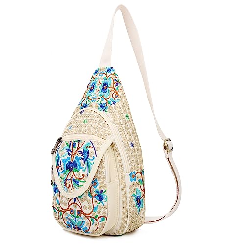 Image of SILKAREA Vintage Canvas Small Sling Bag for Women's Chest Purses Handbag Crossbody Bag Boho Embroidered Backpack Purse (Beige Blue)