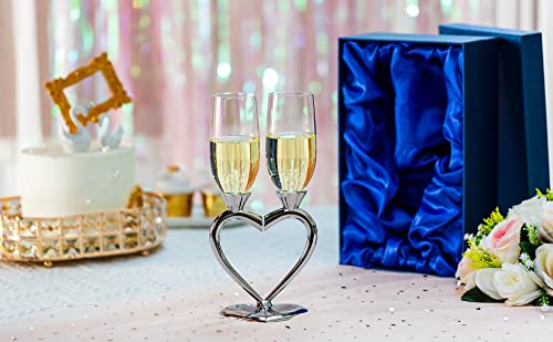 Sziqiqi Wedding Champagne Flute Glasses Pack For Bride And Groom Pack Of 2 Champagne Glasses Silver With Gift Box Joint-Heart For Wedding, Anniversary, Engagement, Valentine's Day #TOP2