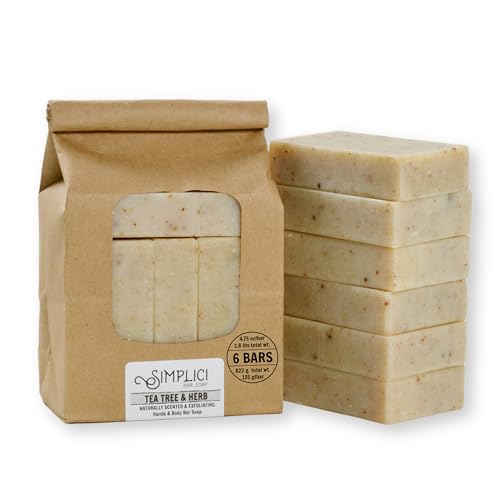 Simplici Tea Tree & Herb Natural Soap (exfoliating + pure essential oils) 6 Bar Value Bag. Palm Free.