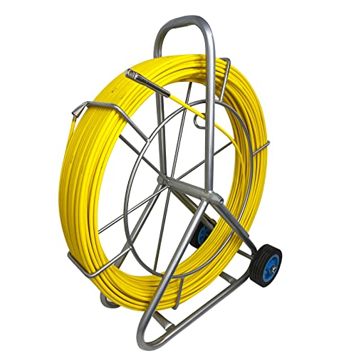 8MM 150M Fiberglass Duct Rodder Conduit Fish Tape Cable Puller Electrical Wire Puller Fiberglass Running Rod Wheel with Cage
