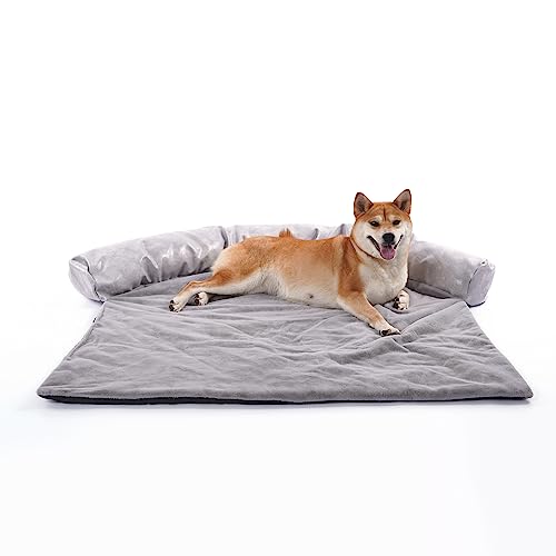Woyyho Plush Dog Couch Bed For Large Dogs Pet Sofa Bed Mat For Furniture Protector With Removable Washable Cover And Leather Pillow Pet Couch Cover For Medium Small Dogs Cats Grey L(41 * 37 * 6 In) #TOP2