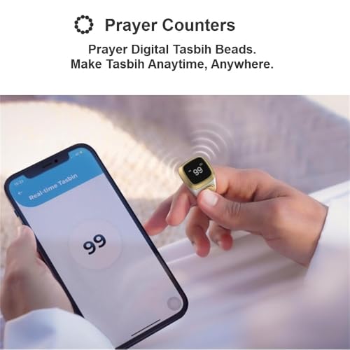 خاتم تسبيح ذكي، خاتم الحظ، خاتم ساعة، خاتم خرز للتسبيح الذكي، مع عدادات صلاة، 5 ساعات منبه للتذكير بوقت الصلاة، مؤشر لاتجاه الصلاة، شاشة اوليد، لون أسود، 22 ملم