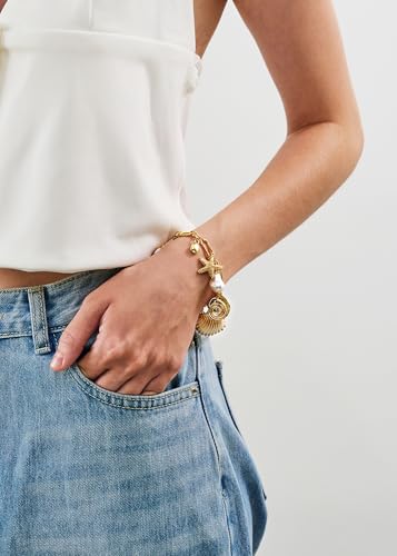 WOWORAMA Gold Shell Charm Bracelet for Women Chunky Gold Seashell Starfish Bracelet Boho Summer Beach Charm Bracelets Hawaiian Mermaid Jewelry4