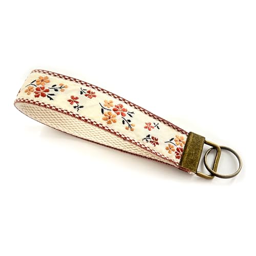 CELOKIY Floral Embroidered Fabric Wristlet Keychain, Vintage Style Wrist Key Chain for Women with Brass Hardware