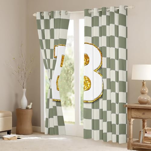 Image of Erosebridal Sage Green Checkered Window Curtains 42 inch Wx90 L Plaid Initial B Blackout Curtains for Bedroom Living Room,Personalized Monogram Window Treatments Grids Gingham Drapes Decor 2 Panels