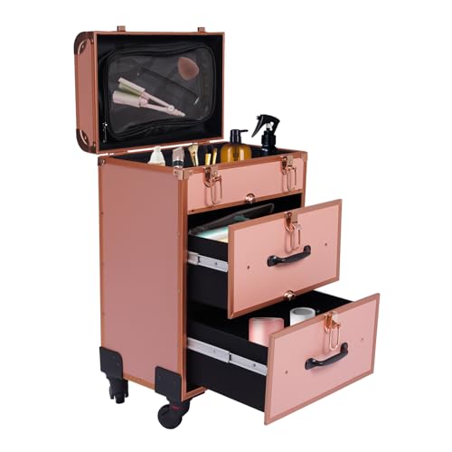 lizponaza Rolling Makeup Case, Large Cosmetic Trolley with Locks, Cosmetics Storage Organizer for Travel Makeup with 360° Rotation Wheels, Professional Case for Nail ArtCase