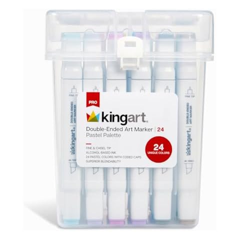 KINGART PRO Double-Ended Alcohol Ink Art Markers, 24 PASTEL Colors, Fine Point & Chisel Tips, Permanent with Superior Blendability, Includes Plastic Case, 24 Pc. Cover