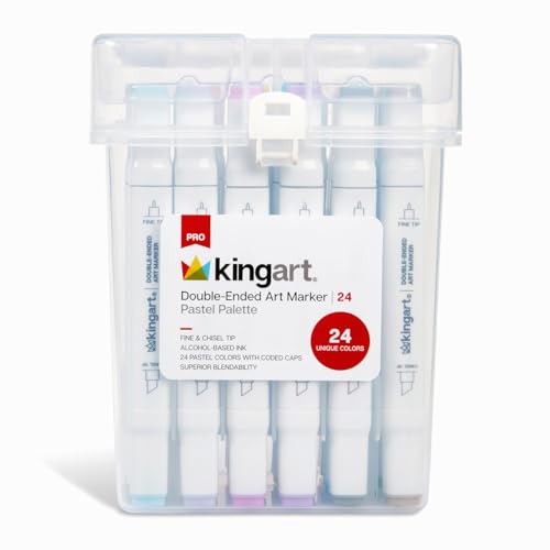KINGART PRO Double-Ended Alcohol Ink Art Markers, 24 PASTEL Colors, Fine Point & Chisel Tips, Permanent with Superior Blendability, Includes Plastic Case, 24 Pc.