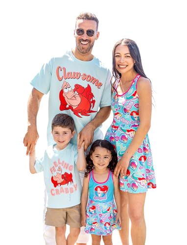 Disney Princess Family Matching Outfits Sleeveless Ariel Print Dress Blue and Short Sleeve Shirts Blue for Couples Women S