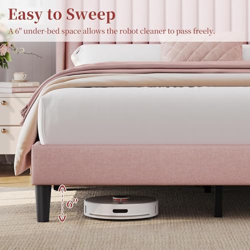 Image of Yaheetech Queen Bed Frame with Headboard,Pink Channel-Tufted Platform