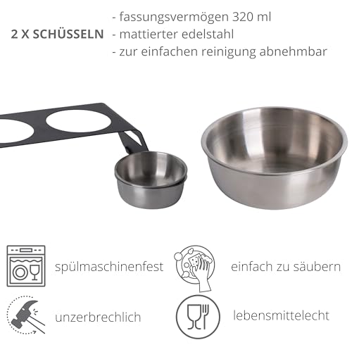 PETLINUS Futterstation Katzen Erhöht, Ergonomischer Katzennapf, Katze Fressnapf Edelstahl und Metall, Futternapf für Katzen und kleine Hunde, fressnapf Katze erhöht - Schwarz