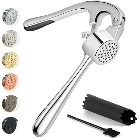 Premium Garlic Press Set with Silicone Roller Peeler and Cleaning Brush Cover