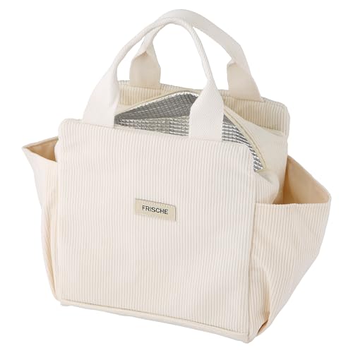 Goldeluxe Bolsa Térmica 12 L, Bolsa de Almuerzo de Pana con Forro de Aluminio, Impermeable, Antimanchas y Fácil de Limpiar, con Bolsillos Laterales para Trabajo, Escuela, Picnic y Viaje, Beige