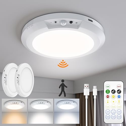 Motion Sensor Ceiling Light,Cordless Closet Light Battery Operated,3 Color Temperatures,Remote Control,Rechargeable Magnetic Mount LED Shower Lights for pantry,Stairs,Garage,Hallway (White 2 pack)