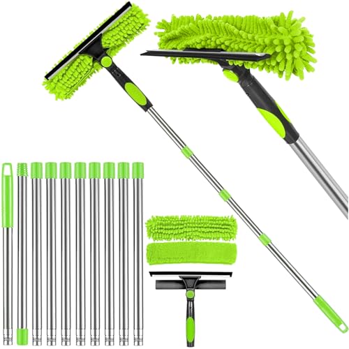 4.5M Window Cleaning Equipment, 3-IN-1 Window Cleaning Scraper Kit, Telescopic Window Cleaner with 10 Pole, 2 Microfiber Cloth and Squeegee, Rotatable Glass Cleaning Tools for Windows, Walls, Cars