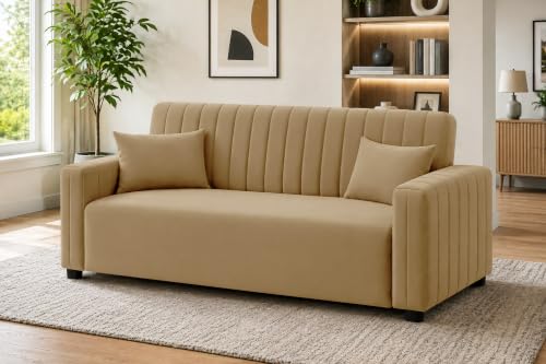 Image of Modern 3 Seater Sofa | Vertical Channel Tufted Backrest & Armrests | Plush Cushioned Seating | Contemporary Upholstered Couch for Living Room, Bedroom & Office - Golden Color