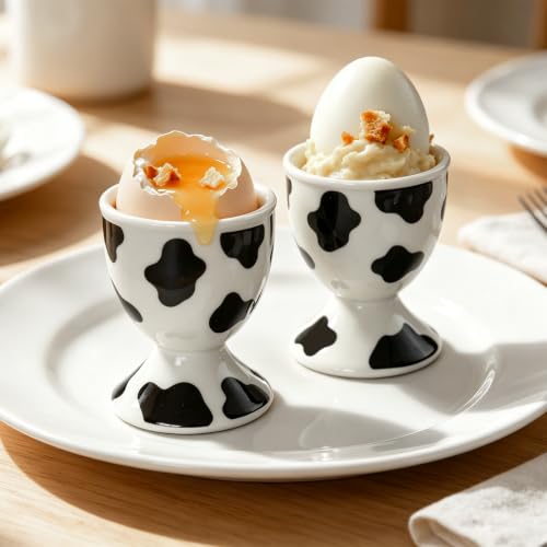 Image of Cinf Ceramic Egg Cups, Set of 2, Cow Print Boiled Egg Holders for Breakfast