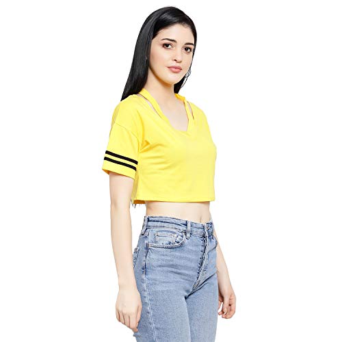 Image of LE BOURGEOIS Women Solid Loose Fit Desiger V-Neck Short Sleeve Dance Party Casul Crop Top