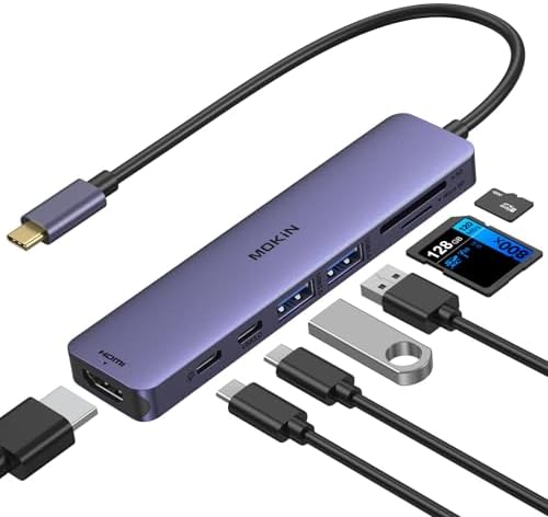MOKiN USB C Hub, 7 in 1 HDMI Adapter für MacBook Pro/Air, Mac Dongle | USB C Adapter mit HDMI Hub, 2x USB 3.0, PD 100W, SD/microSD, Multiport Adapter für iPad, Lenovo Dell XPS(Lila