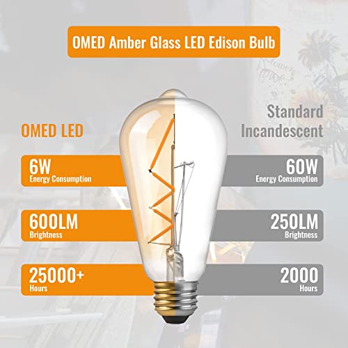 Omed Dimmable Led Vintage Edison Bulbs, St64 2700K Soft White Fishbone Filament Antique Edison Bulbs Whit E26 Base 60 Watt Equivalent, 6W 600Lm Old Fashioned Amber Glass Spiral Light Bulbs 12 Pack #TOP2