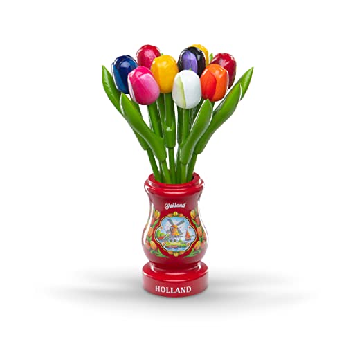 MomoMoments Ramo de tulipanes y jarrón de madera, 21 cm de alto, 9 tulipanes de madera pintados a mano, incluye jarrón rojo, ramo de flores decorativas, flores de madera, fabricado en Holanda