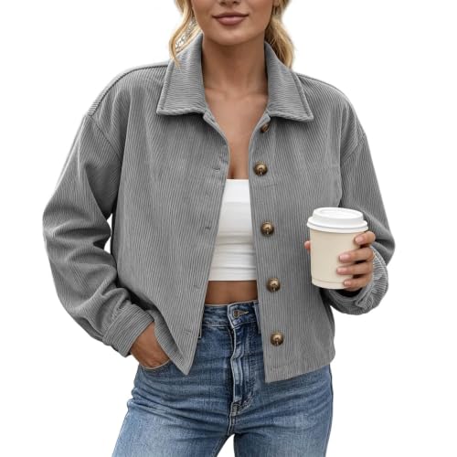 Gumipy Corduroy Jacket Women Button Down Crop Long Sleeve Fall Cardigans