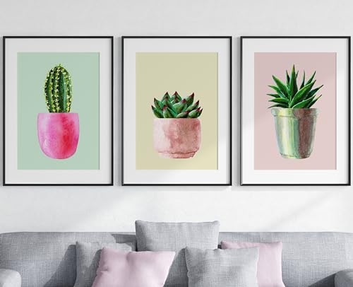 Colorido juego de 3 plantas de cactus sin marco, decoración de plantas suculentas, decoración de sala de estar, dormitorio, decoración del hogar, fondo pastel (A3)