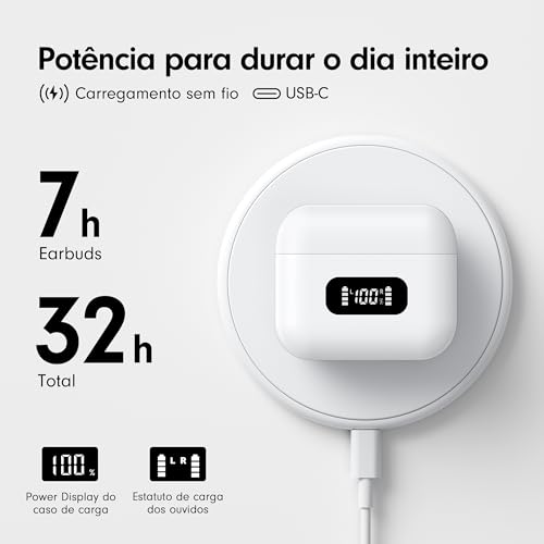 Fones de Ouvido Bluetooth Tranya True Wireless, 4 Microfones para Chamadas Claras, Controle de Botão