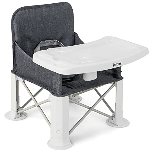 Image of INFANS Baby Travel Booster Seat, Folding Portable Sit Up Chair for Dining Table, Compact Booster Chair with Detachable Double Trays Storage Bag Safety Harness for Boys Girls Outdoor Indoor Black