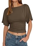 Cicy Bell Womens Summer Wrap Tops Casual Short Sleeve Tie Back Cinched Waist T Shirts Trendy Boat Neck Blouse Coffee