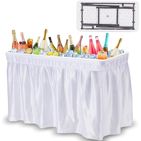 Haddockway Folding Ice Cooler Table with Drain&Grid Frame,Portable Outdoor Chill Table w/Sink for Cooling Food Drinks,Beverage Buffet Server with Skirt,Party Ice Bin Table for Camping,Picnic,Wedding Cover