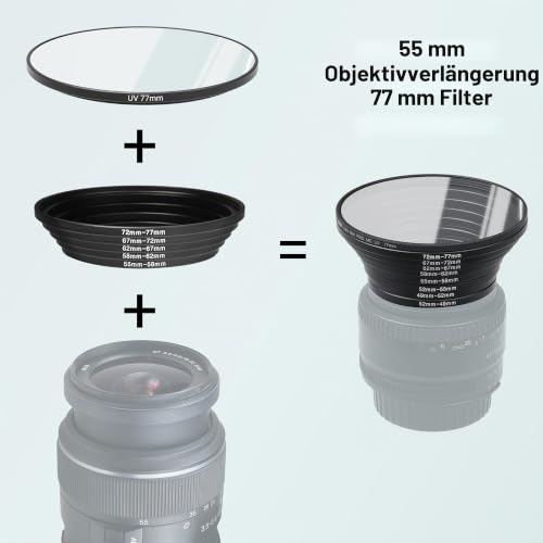 18-teiliges Filterring-Adapter-Set - 9X Step-Up-Ringe und 9X Step-Down-Ringe für Objektivfilter, Gegenlichtblenden und Objektivkonverter - Enthält 4X Mikrofasertücher (18x15 cm)