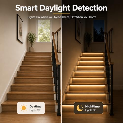 Image of 20-Step Motion Activated Stair Lights Kit, 47.2-Inch Cuttable Warm White COB LED Strip Lights for Indoor Stairs, Staircase Lighting with PIR Sensor and Daylight Sensor (3000k)