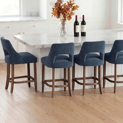 Image of UVV Bar Stools Set of 2, Upholstered Counter Height Bar Stools, Modern Counter Stools with Wood Legs for Kitchen Island Dining Room Bar, Navy Blue