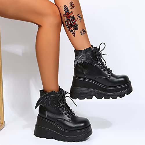 Image of Gothniero Platform Goth Ankle Boots for Womem Black Holographic Combat Chunky Heel Boots with Side Zip Lace Up Wedge Booties US5.5-11