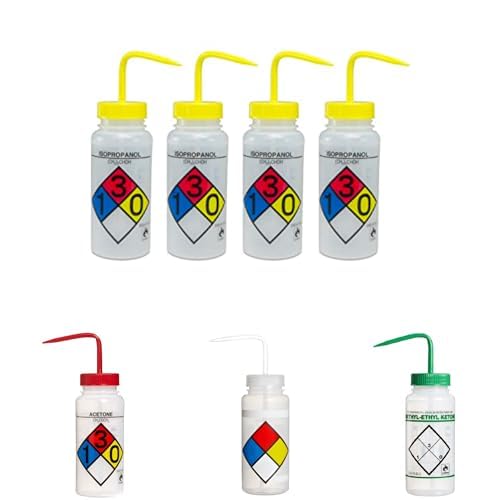 SP Bel-Art Complete Lab Wash Bottle Set – Isopropanol, Acetone & MEK Safety Bottles, 500ml, 18 Total – Color-Coded Caps for Easy ID, Durable Polyethylene, Wide-Mouth Design