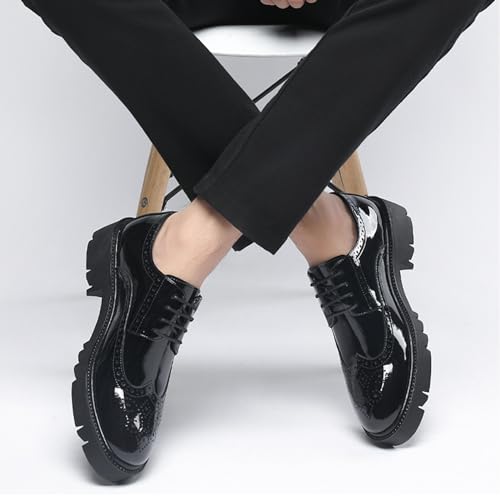 Mens Genuine Leather Platform Oxfords Dress Shoes, Patent Round Toe Lace-up Comfort Brogue Dress Shoes Casual Business Work3
