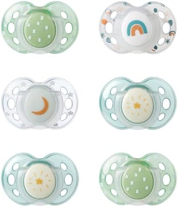 Tommee Tippee Night Time Pacifier, 18-36 Months, Symmetrical Silicone Baglet, BPA-Free Binkies, Glow in The Dark Technology, Green Rainbow, Pack of 6