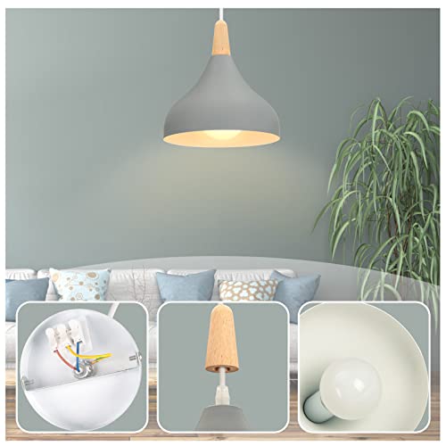 Miniatura 5 de Idegu 2 Piezas Lámpara Colgante Moderna, Lámpara De Techo Madera Metal Estilo Nordico Iluminación E27 Luz De Techo Interior Para Comedor Salon Dormitorio, 20cm Gris