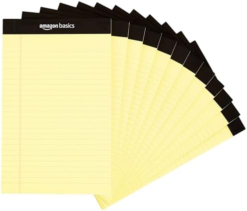 amazon basics Narrow Ruled Writing Pad - 5 x 8 Inches, 50 Sheets, Pack Of 12 (Canary)
