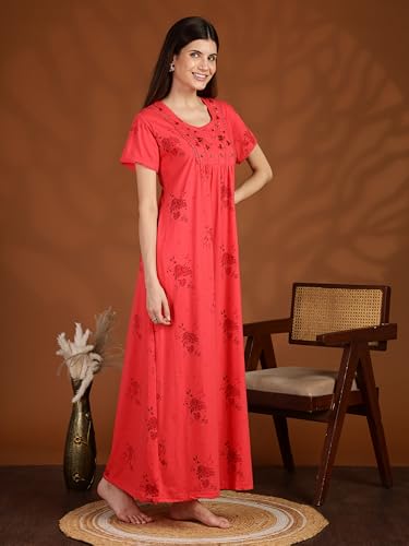 Image of 9shines Label Stylish Cotton Blend Embroidered Maxi Nightdress for Women with Pocket| Full Length Nightwear| Premium Nightdress| Comfortable Nightwear(5256)