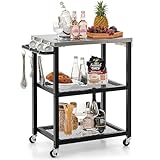 COSTWAY Grillwagen Outdoor, Grilltisch mit 3 Ablagen & 4 Rädern & Griff & 3 Haken, Pizzatisch Beistelltisch Servierwagen für Hinterhof, Garten, Terrasse (3 Ablagen)