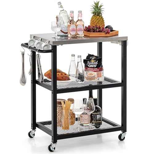 COSTWAY Grillwagen Outdoor, Grilltisch mit 3 Ablagen & 4 Rädern & Griff & 3 Haken, Pizzatisch Beistelltisch Servierwagen für Hinterhof, Garten, Terrasse (3 Ablagen)