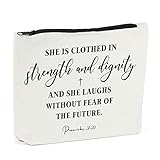 Christian Gifts for Women, Inspirational Makeup Bag Bible Verse Religious Gift Scripture Quotes She Is Clothed in Strength, Dignity Proverbs 31:25, Christmas Birthday Gifts for Bestie, Sister, Wife