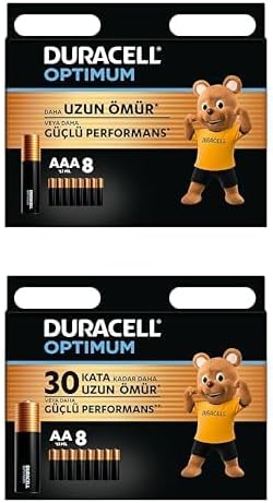Duracell Optimum AAA Alkalin İnce Kalem Piller, 1,5 V LR03/MN2400, 8’li Paket + Duracell Optimum AA Alkalin Kalem Piller, 1,5 V LR6/MN1500, 8’li Paket