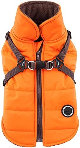 Puppia Mountaineer Winter Dog Coat with integrated harness No Pull Cold Weather Waterproof Warm Fleece Back Zipper for Small & Medium Dog, ORANGE, Large