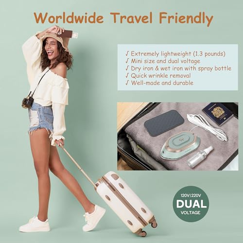 Newbealer Mini Travel Iron with Dual Voltage 220V/120V, Small Iron for Clothes (No Steam), Ceramic Soleplate, 150 °C Heat Press Machine with Spray Bottle, Bag and Silicone Stand, Green - Image 2