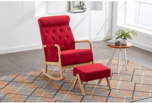 Miniatura 3 de Mecedora con otomana, sillón mecedor de tela tapizada de mediados de siglo con cojín acolchado grueso, respaldo alto, silla mecedora con bolsillo