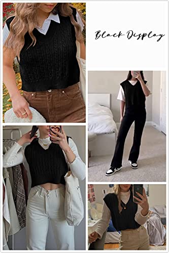 Lailezou Women's V-Neck Knit Sweater Vest Solid Color Argyle Plaid Preppy Style Sleeveless Crop Knit Vest2